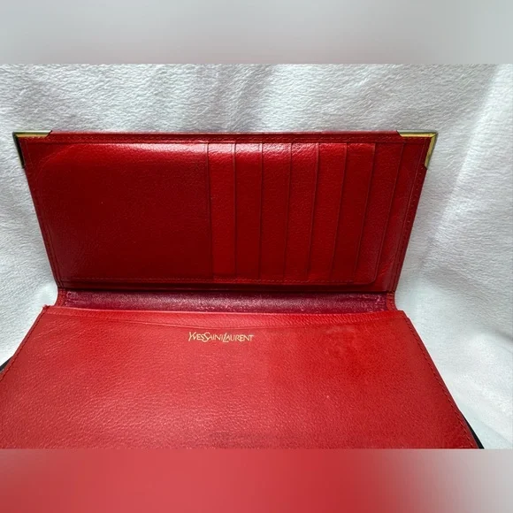 YSL Red Leather Wallet Monogram,Rare 80s Classic Yves Saint Laurent Vintage - Picture 8 of 14